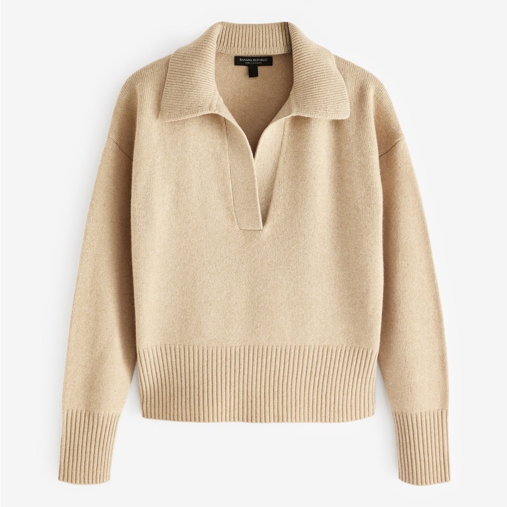Banana Republic Beige Luna Cashmere Jumper Polo Tan Collared Sweater XL